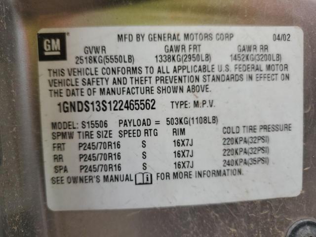 1GNDS13S122465562 - 2002 CHEVROLET TRAILBLAZE TAN photo 13