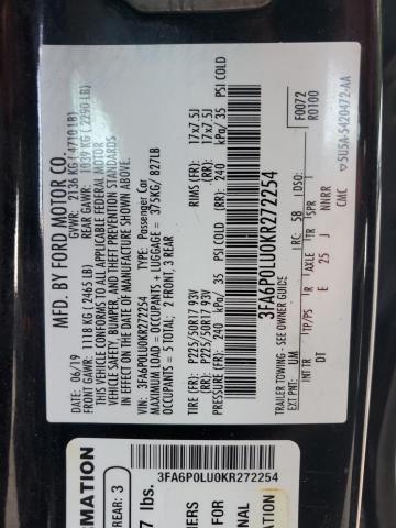 3FA6P0LU0KR272254 - 2019 FORD FUSION SE BLACK photo 12