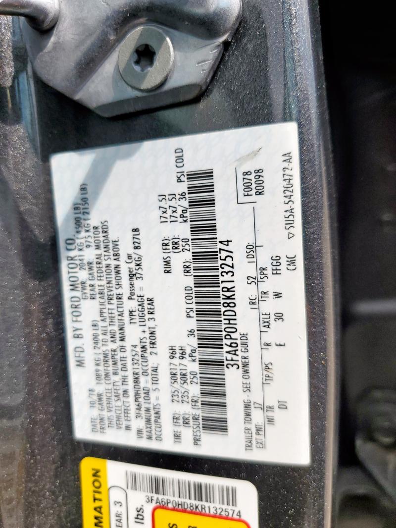 3FA6P0HD8KR132574 - 2019 FORD FUSION SE GRAY photo 13