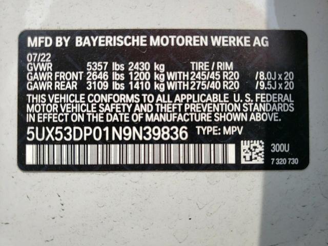 5UX53DP01N9N39836 - 2022 BMW X3 XDRIVE30I WHITE photo 13