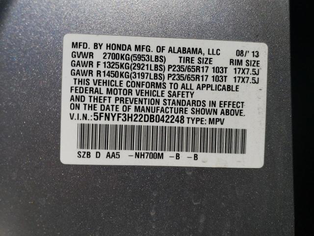 5FNYF3H22DB042248 - 2013 HONDA PILOT LX SILVER photo 13