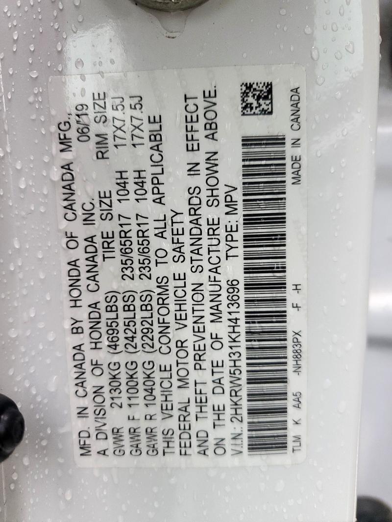 2HKRW5H31KH413696 - 2019 HONDA CR-V LX WHITE photo 13