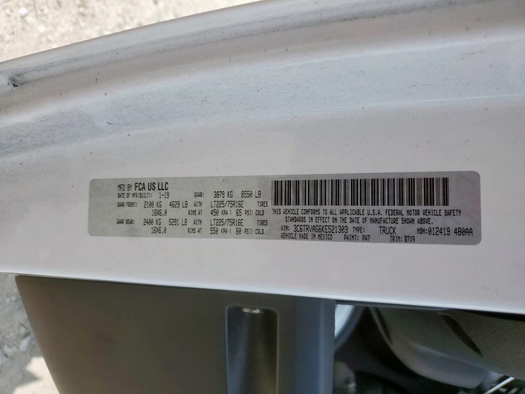 3C6TRVAG6KE521303 - 2019 RAM PROMASTER 1500 STANDARD WHITE photo 13