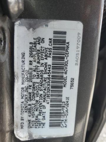 4T1BE32K93U645443 - 2003 TOYOTA CAMRY LE GRAY photo 12