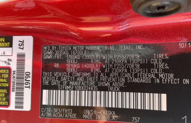 5TFRM5F10BX024835 - 2011 TOYOTA TUNDRA DOUBLE CAB SR5 BURGUNDY photo 10