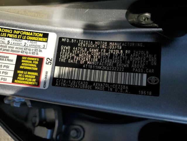 4T1B11HK2KU232222 - 2019 TOYOTA CAMRY L 银色 照片 12