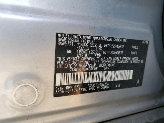 2T3H1RFV2KC006499 - 2019 TOYOTA RAV4 LE Серебристый фото 13