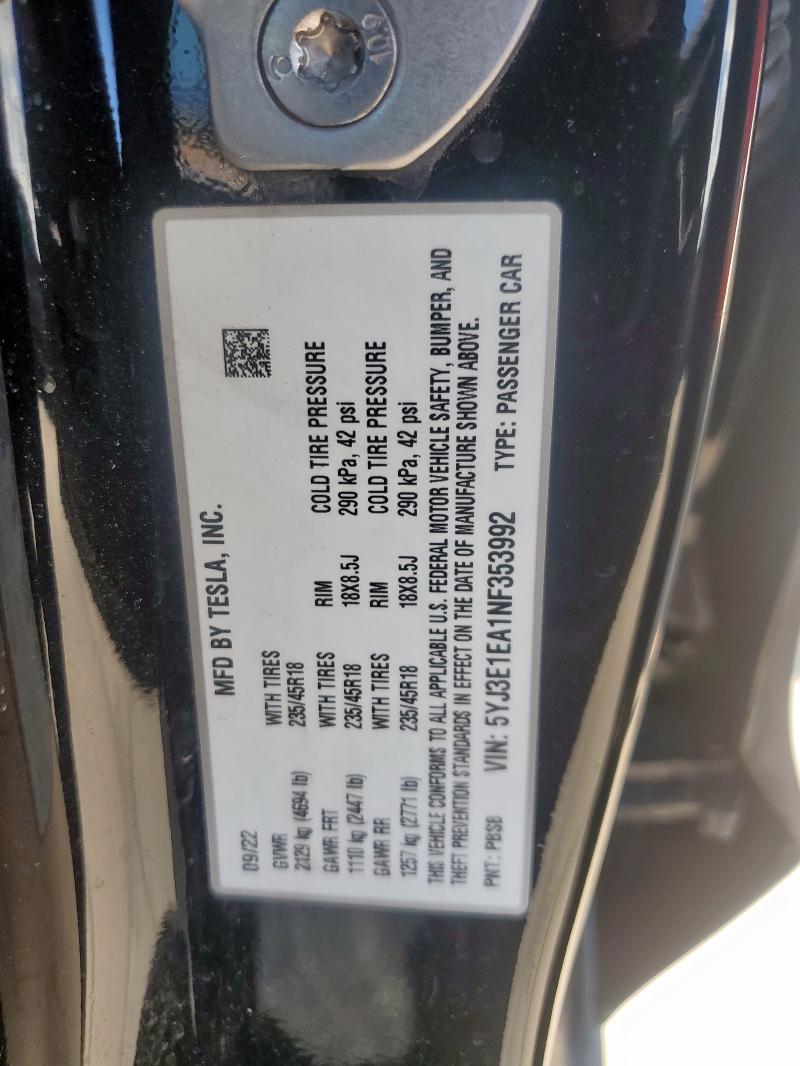 5YJ3E1EA1NF353992 - 2022 TESLA MODEL 3 BLACK photo 12