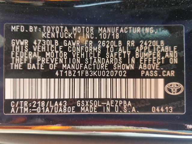 4T1BZ1FB3KU020702 - 2019 TOYOTA AVALON XLE Schwarz Foto 13