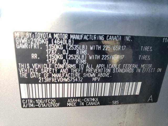 2T3RFREV0HW575432 - 2017 TOYOTA RAV4 XLE SILVER photo 12