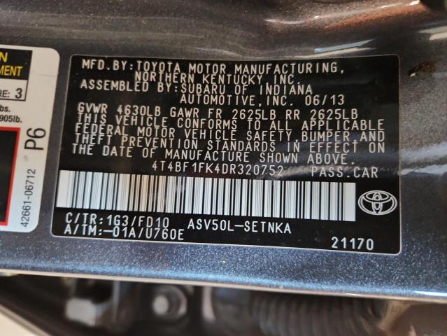 4T4BF1FK4DR320752 - 2013 TOYOTA CAMRY L GRAY photo 12