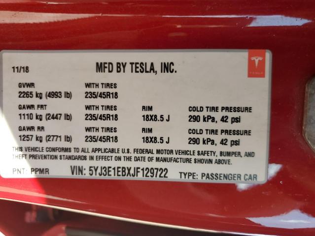 5YJ3E1EBXJF129722 - 2018 TESLA MODEL 3 Qırmızı foto 12