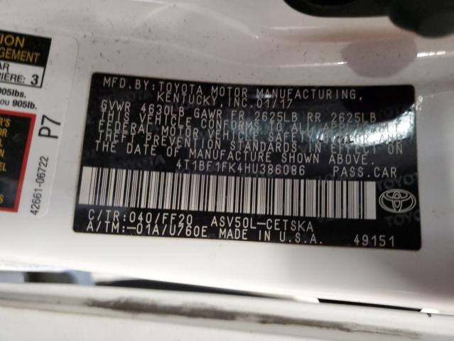 4T1BF1FK4HU386086 - 2017 TOYOTA CAMRY LE WHITE photo 12