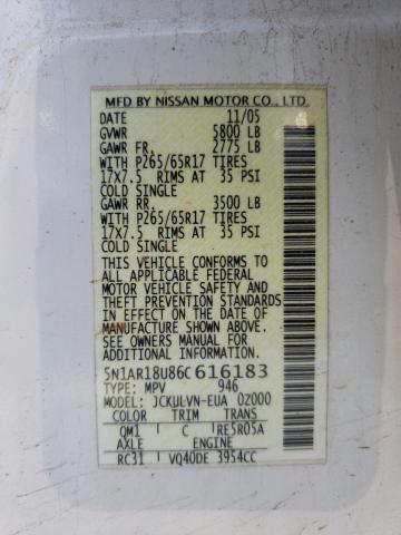 5N1AR18U86C616183 - 2006 NISSAN PATHFINDER LE WHITE photo 12