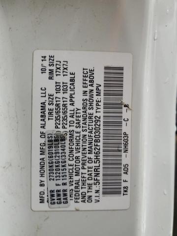 5FNRL5H62FB030292 - 2015 HONDA ODYSSEY EXL WHITE photo 14