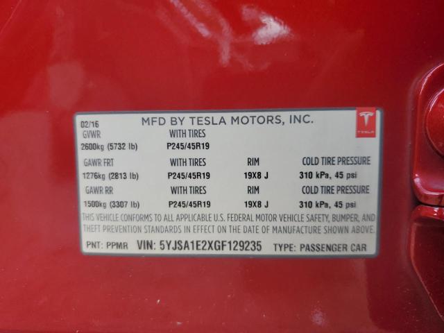 5YJSA1E2XGF129235 - 2016 TESLA MODEL S RED photo 13