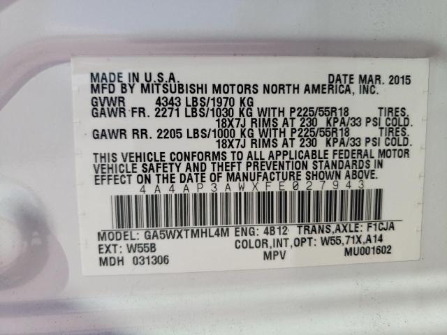 4A4AP3AWXFE027943 - 2015 MITSUBISHI OUTLANDER ES WHITE photo 10