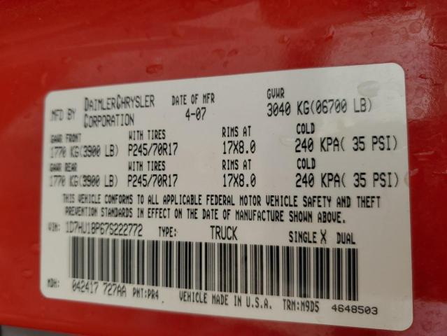 1D7HU18P67S222772 - 2007 DODGE RAM 1500 ST RED photo 12