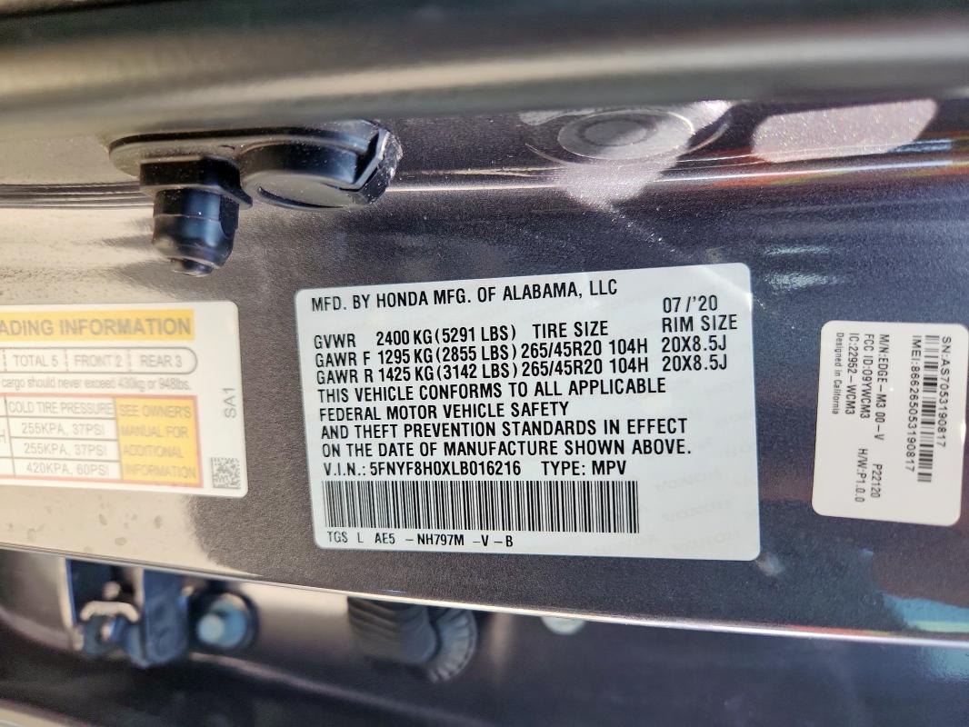 5FNYF8H0XLB016216 - 2020 HONDA PASSPORT ELITE Boz foto 13