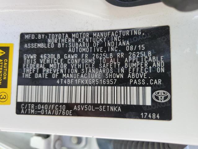 4T4BF1FKXGR516957 - 2016 TOYOTA CAMRY LE WHITE photo 12