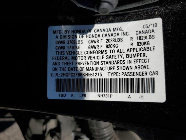 2HGFC2F66KH561215 - 2019 HONDA CIVIC LX BLACK photo 12