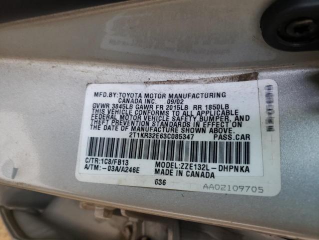 2T1KR32E63C085347 - 2003 TOYOTA COROLLA MA XR GRAY photo 12