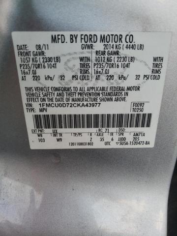 1FMCU0D72CKA43977 - 2012 FORD ESCAPE XLT 银色 照片 12