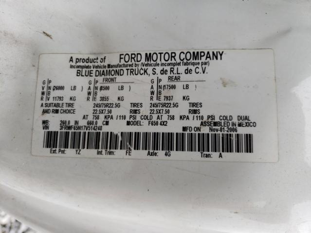 3FRWF65N17V514248 - 2007 FORD F650 SUPER DUTY WHITE photo 12