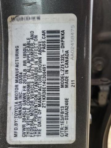 2T1KR38E14C306491 - 2004 TOYOTA COROLLA MA XR GRAY photo 12