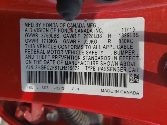 2HGFC2F81LH519022 - 2020 HONDA CIVIC SPORT 红色 照片 12