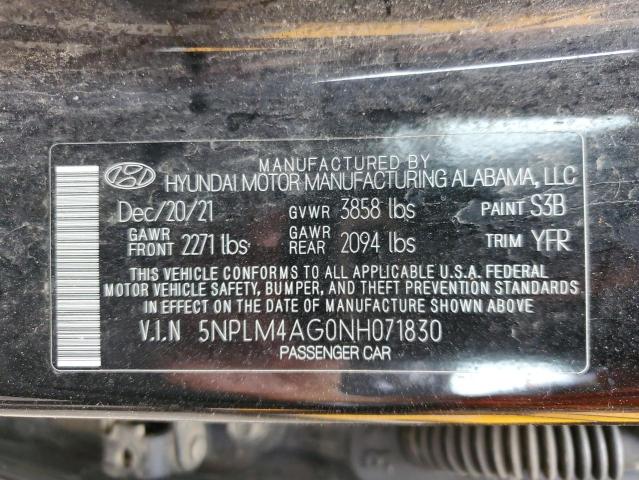 5NPLM4AG0NH071830 - 2022 HYUNDAI ELANTRA SEL BLACK photo 12