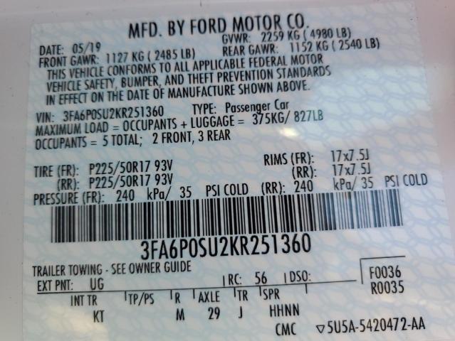 3FA6P0SU2KR251360 - 2019 FORD FUSION TITANIUM WHITE photo 10