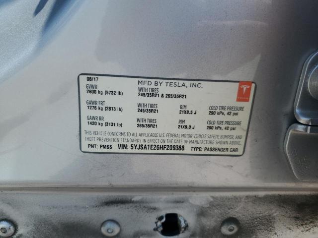 5YJSA1E26HF209388 - 2017 TESLA MODEL S SILVER photo 12