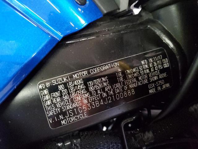 JS1C533B4J2100888 - 2018 SUZUKI GSX-S750 M BLUE photo 10