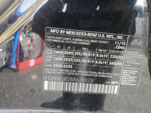 4JGBB8GB2BA670070 - 2011 MERCEDES-BENZ ML 350 4MATIC BLACK photo 13