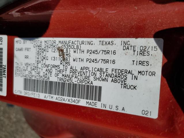 5TFUX4EN2FX035258 - 2015 TOYOTA TACOMA ACCESS CAB წითელი ფოტო 12