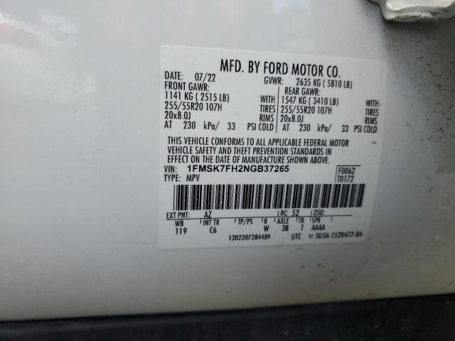 1FMSK7FH2NGB37265 - 2022 FORD EXPLORER LIMITED 白色 照片 13