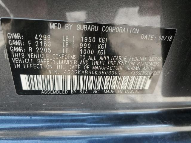 4S3GKAB60K3603001 - 2019 SUBARU IMPREZA GRAY photo 12