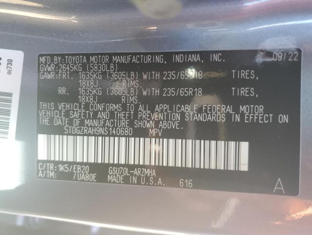 5TDGZRAH9NS140680 - 2022 TOYOTA HIGHLANDER XLE SILVER photo 13