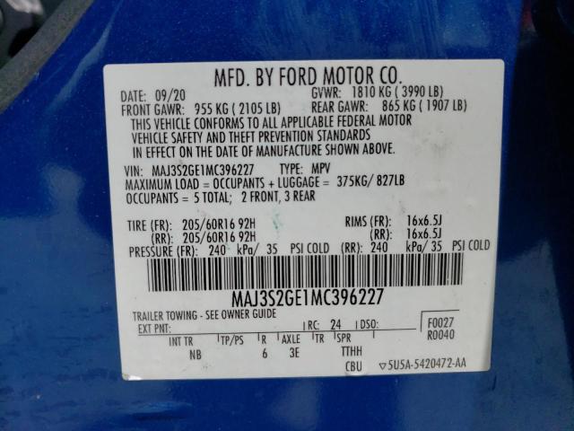 MAJ3S2GE1MC396227 - 2021 FORD ECOSPORT SE BLUE photo 12