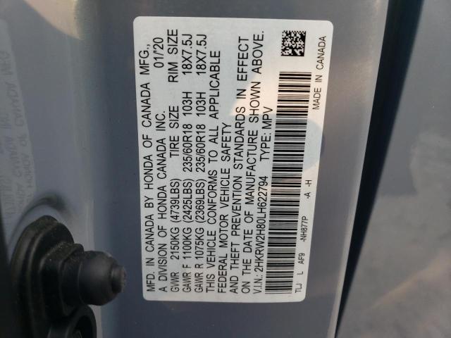 2HKRW2H80LH622794 - 2020 HONDA CR-V EXL GRAY photo 12