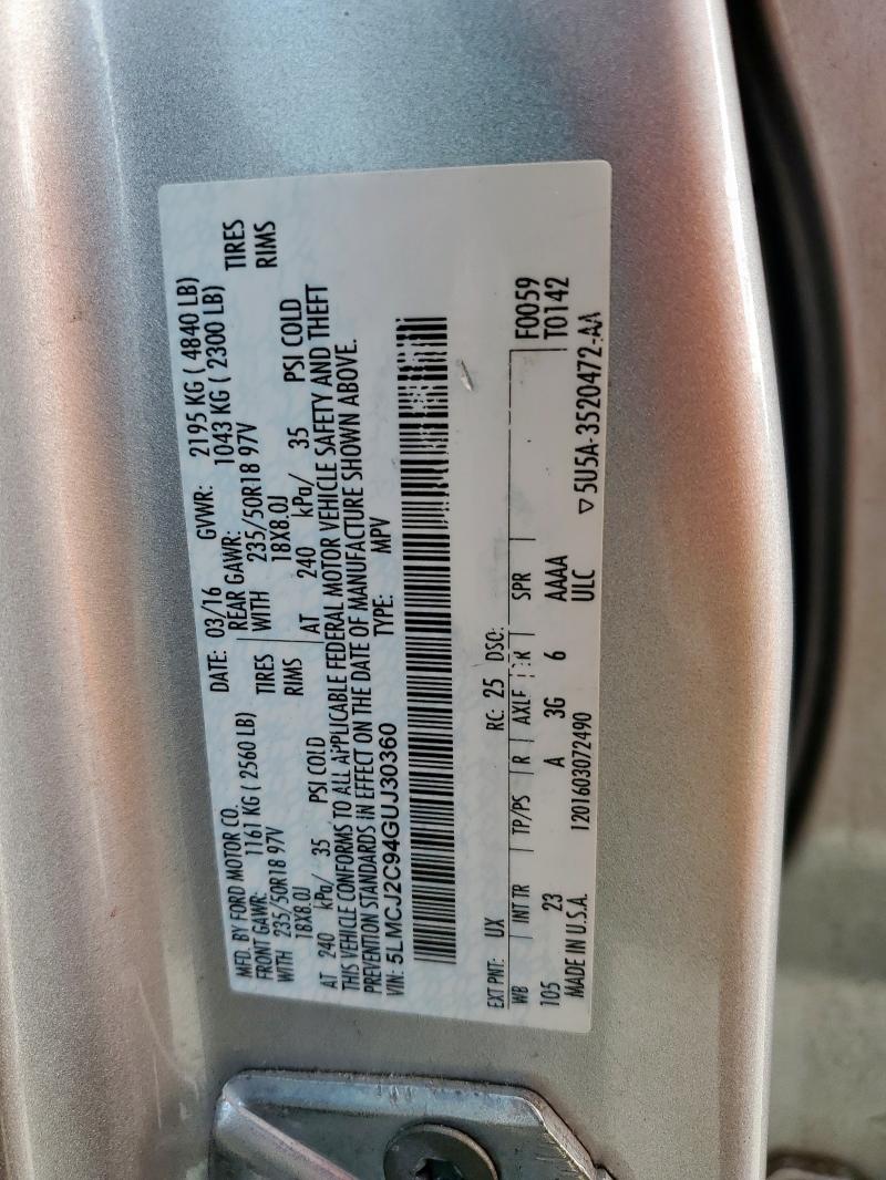 5LMCJ2C94GUJ30360 - 2016 LINCOLN MKC SELECT 银色 照片 12