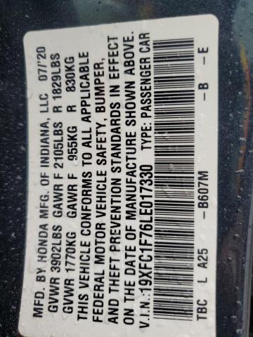 19XFC1F76LE017330 - 2020 HONDA CIVIC EXL أزرق صورة 12