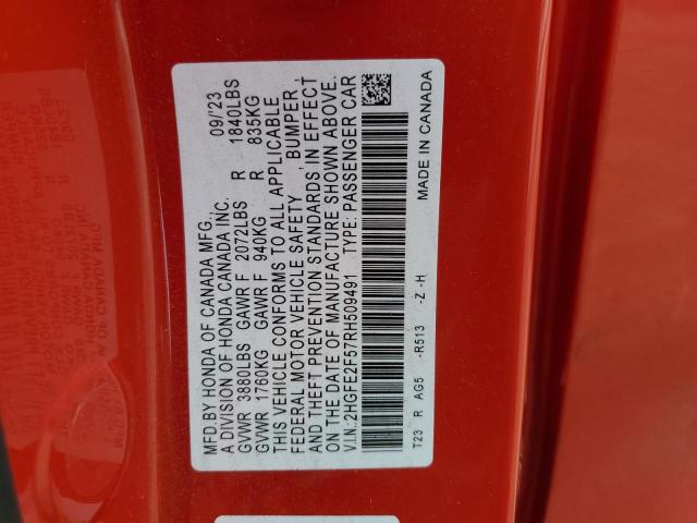 2HGFE2F57RH509491 - 2024 HONDA CIVIC SPORT RED photo 12