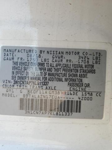 3N1CN7AP7KL811337 - 2019 NISSAN VERSA S 白色 照片 12