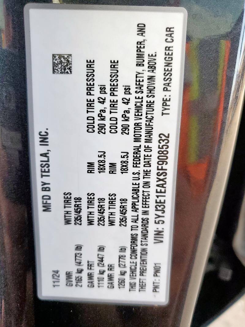 5YJ3E1EAXSF908532 - 2025 TESLA MODEL 3 灰色 照片 13