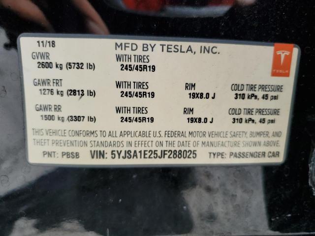 5YJSA1E25JF288025 - 2018 TESLA MODEL S შავი ფოტო 12