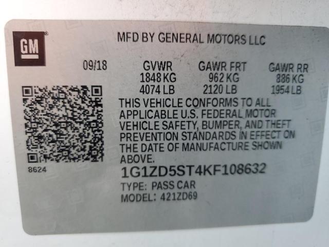 1G1ZD5ST4KF108632 - 2019 CHEVROLET MALIBU LT Սպիտակ լուսանկար 12