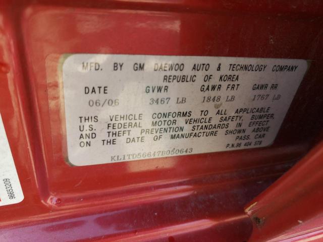 KL1TD56647B050643 - 2007 CHEVROLET AVEO BASE Qırmızı foto 12