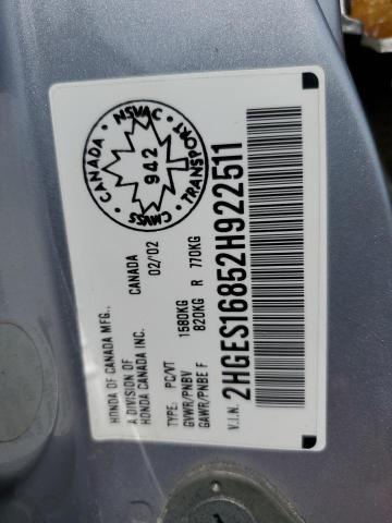 2HGES16852H922511 - 2002 HONDA CIVIC LX SILVER photo 12